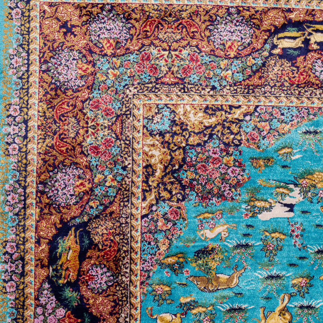 Exquisite silk rug in turquoise blue with detailed horsemen, floral borders, and intricate golden animal motifs, measuring 150x100 cms.