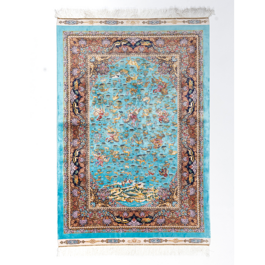 Exquisite silk rug in turquoise blue with detailed horsemen, floral borders, and intricate golden animal motifs, measuring 150x100 cms.

