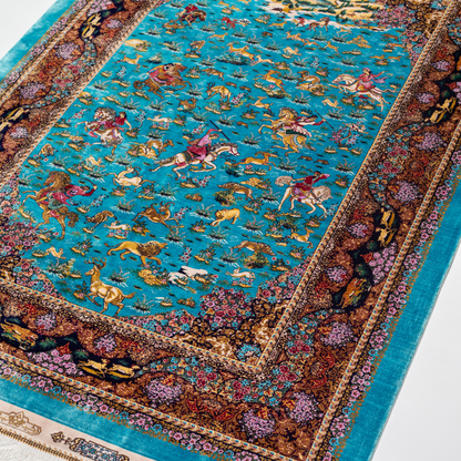 Exquisite silk rug in turquoise blue with detailed horsemen, floral borders, and intricate golden animal motifs, measuring 150x100 cms.