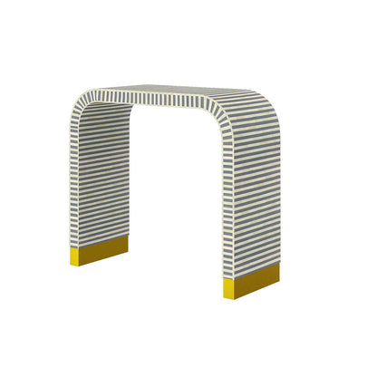 Elegant Lume Console in grey bone inlay with arched design and gold base, adding sophistication to entryways and living spaces.
