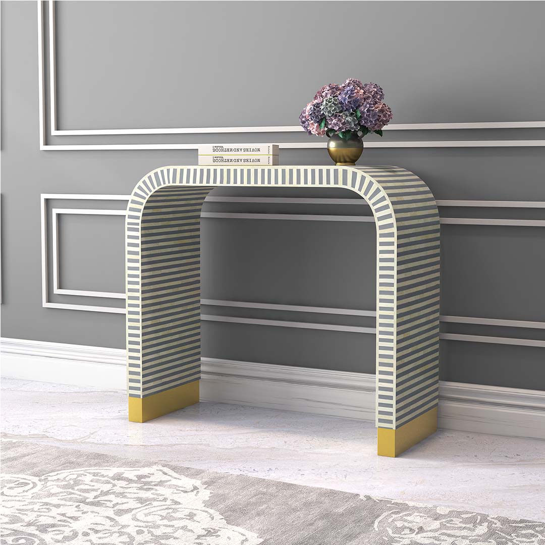 Elegant Lume Console in grey bone inlay with arched design and gold base, adding sophistication to entryways and living spaces.