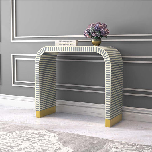 Elegant Lume Console in grey bone inlay with arched design and gold base, adding sophistication to entryways and living spaces.