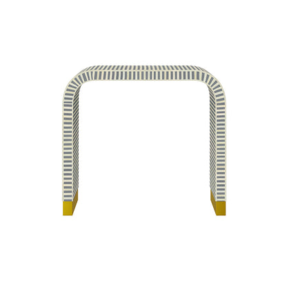 Elegant Lume Console in grey bone inlay with arched design and gold base, adding sophistication to entryways and living spaces.