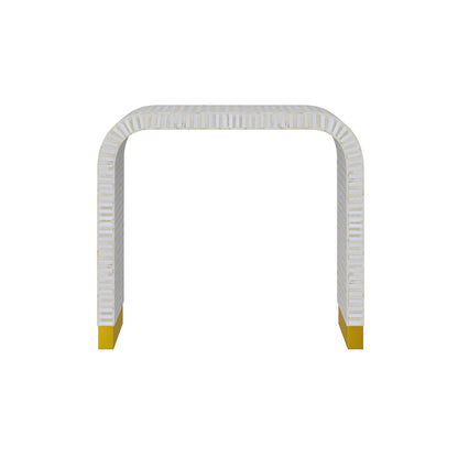 Elegant white bone inlay console with intricate detailing and a modern curved silhouette.