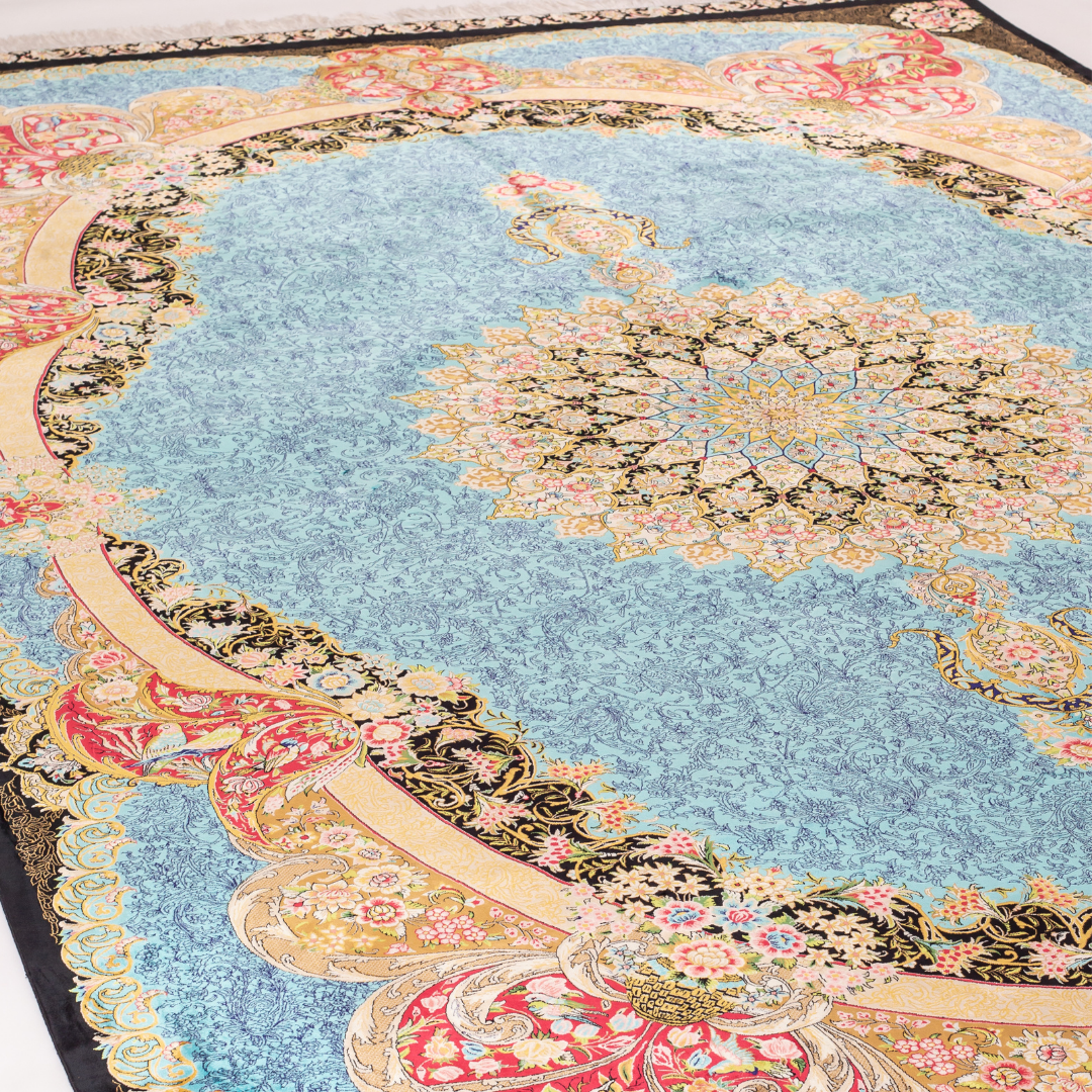 Luxury blue Folly silk rug angle