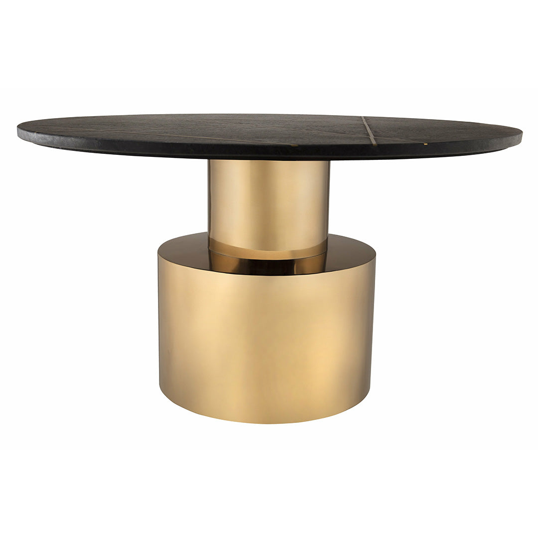 Round black marble coffee table with cylindrical gold finished metallic base.
