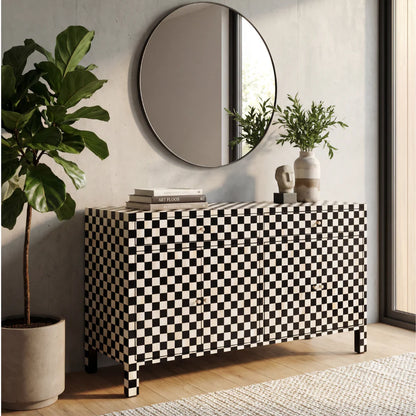 Black and white bone inlay sideboard with checkerboard pattern