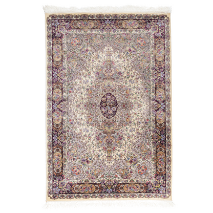 Miren silk rug in ivory and purple with intricate floral design, handwoven with fine craftsmanship and premium detailing.

