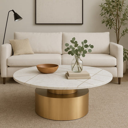 White marble coffee table with golden cylindrical base and linear inlay accents