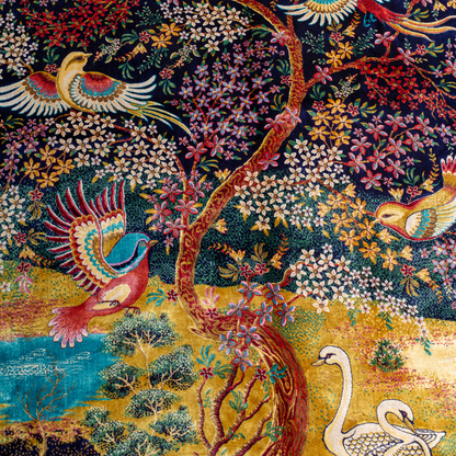 Elegant silk rug with flying birds and floral tree scene, bordered in ornate gold and blue. Handwoven with incredible detail and texture.

