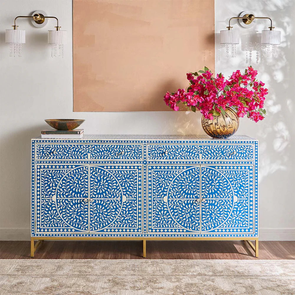Navi Sideboard – blue bone inlay sideboard, by Arkrn Homes