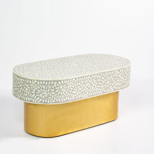 Elegant grey bone inlay coffee table with a gold base. Compact, handcrafted and eye-catching – a timeless addition to your space.