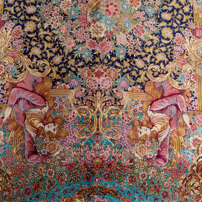 Elegant silk rug in navy, pink, gold, and turquoise with detailed-inspired floral and dancer motifs.


