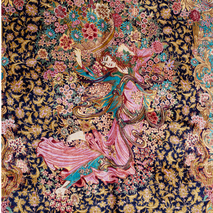Elegant silk rug in navy, pink, gold, and turquoise with detailed-inspired floral and dancer motifs.


