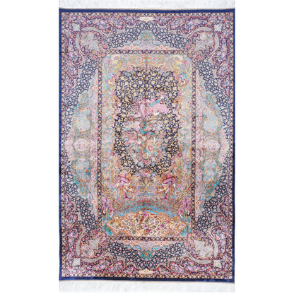 
Elegant silk rug in navy, pink, gold, and turquoise with detaile-inspired floral and dancer motifs.

