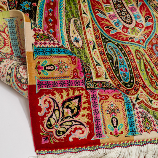 Paze Silk Rug in 200x300 cms featuring intricate multicolour motifs with a bold medallion, paisleys, and vibrant borders.