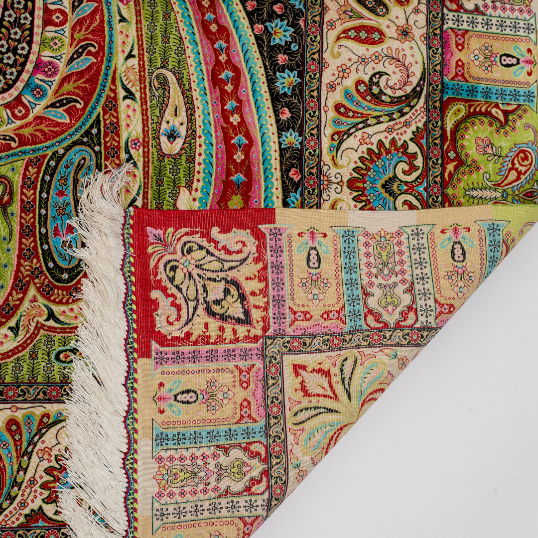 Paze Silk Rug in 200x300 cms featuring intricate multicolour motifs with a bold medallion, paisleys, and vibrant borders.