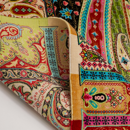 Paze Silk Rug in 200x300 cms featuring intricate multicolour motifs with a bold medallion, paisleys, and vibrant borders.