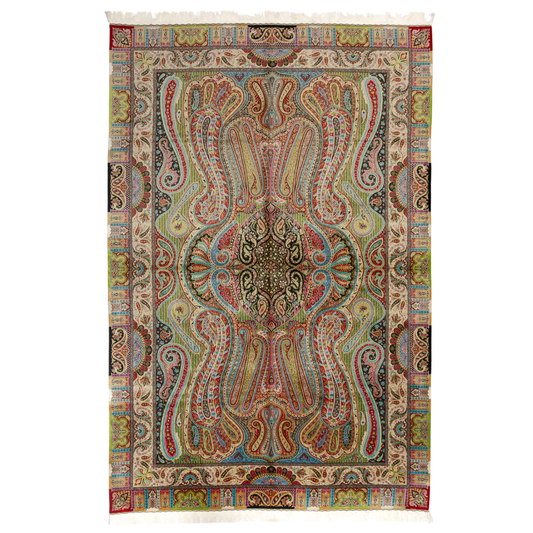 Paze Silk Rug in 200x300 cms featuring intricate multicolour motifs with a bold medallion, paisleys, and vibrant borders.