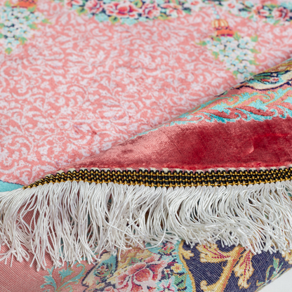 Round silk rug with a vibrant pink base, intricate navy floral borders, and detailed medallion center, 200x200 cm.
