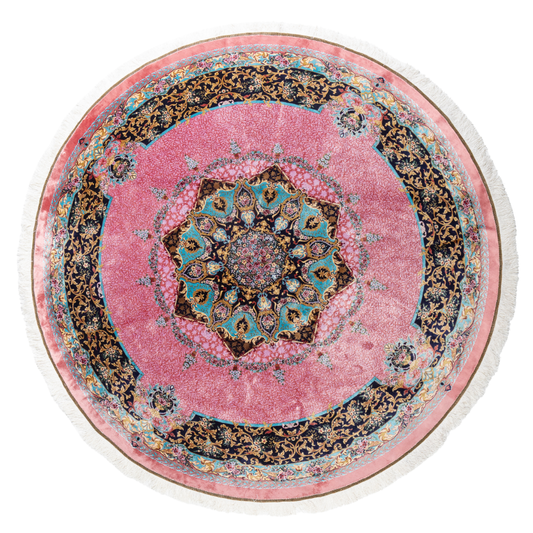 Round silk rug with a vibrant pink base, intricate navy floral borders, and detailed medallion center, 200x200 cm.

