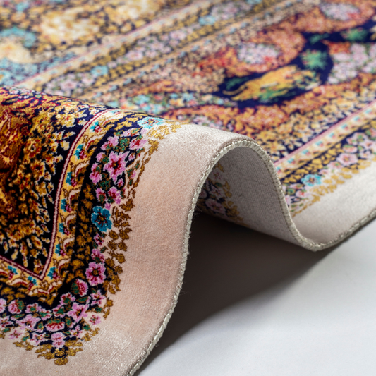 Luxurious silk rug with warriers and horses detailing and ornate floral border in rich tones. Intricate details handwoven for timeless appeal.
