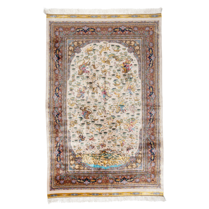 Luxurious silk rug with warriers and horses detailing and ornate floral border in rich tones. Intricate details handwoven for timeless appeal.