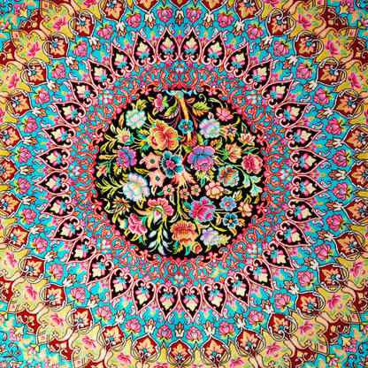 Luxurious silk rug featuring a central medallion in turquoise and pink, floral vases in corners, and ornate borders on a dark base.