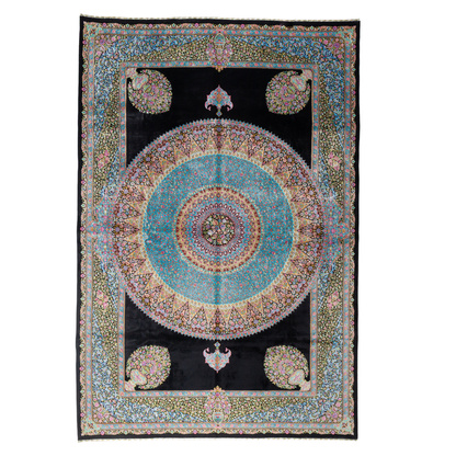 Luxurious silk rug featuring a central medallion in turquoise and pink, floral vases in corners, and ornate borders on a dark base.