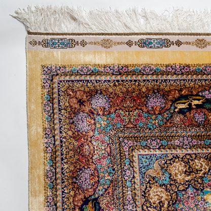 Luxurious silk rug with warrier scene and ornate floral border in rich tones. Intricate details handwoven for timeless appeal.