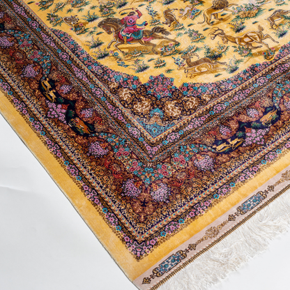 Luxurious silk rug with warrier scene and ornate floral border in rich tones. Intricate details handwoven for timeless appeal.