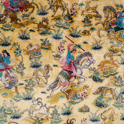 Luxurious silk rug with warrier scene and ornate floral border in rich tones. Intricate details handwoven for timeless appeal.