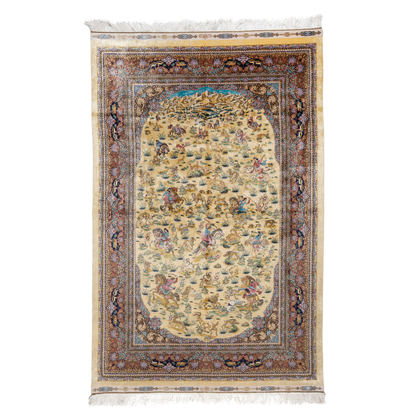 Luxurious silk rug with warrier scene and ornate floral border in rich tones. Intricate details handwoven for timeless appeal.