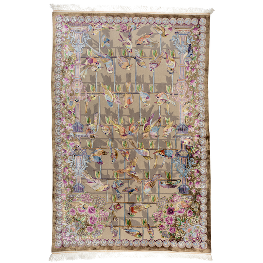Handwoven silk rug featuring birds on a beige grid, floral corners, and classical columns. A joyful yet elegant statement piece.

