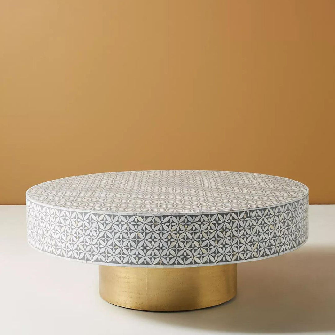 Round grey bone inlay coffee table with floral design