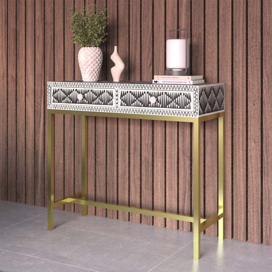 SKYE CONSOLE TABLE IN BLACK AND WHITE BONE INLAY
