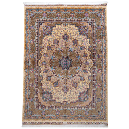 Luxurious silk rug featuring floral medallion pattern in gold, ivory, rose, and turquoise tones with intricate craftsmanship.