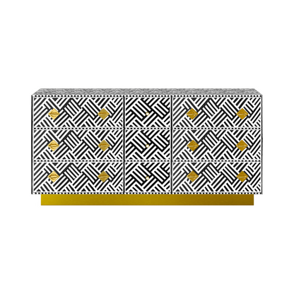 Luxury black and white bone inlay chest of drawers with brass accents and geometric design, handcrafted for statement interiors.