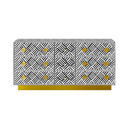 Luxury black and white bone inlay chest of drawers with brass accents and geometric design, handcrafted for statement interiors.