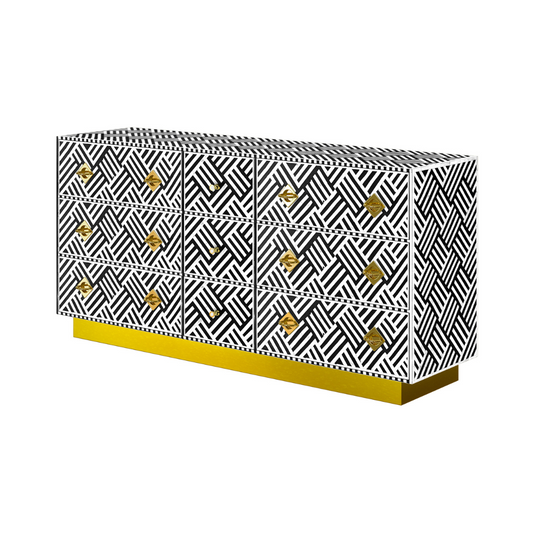 Luxury black and white bone inlay chest of drawers with brass accents and geometric design, handcrafted for statement interiors.