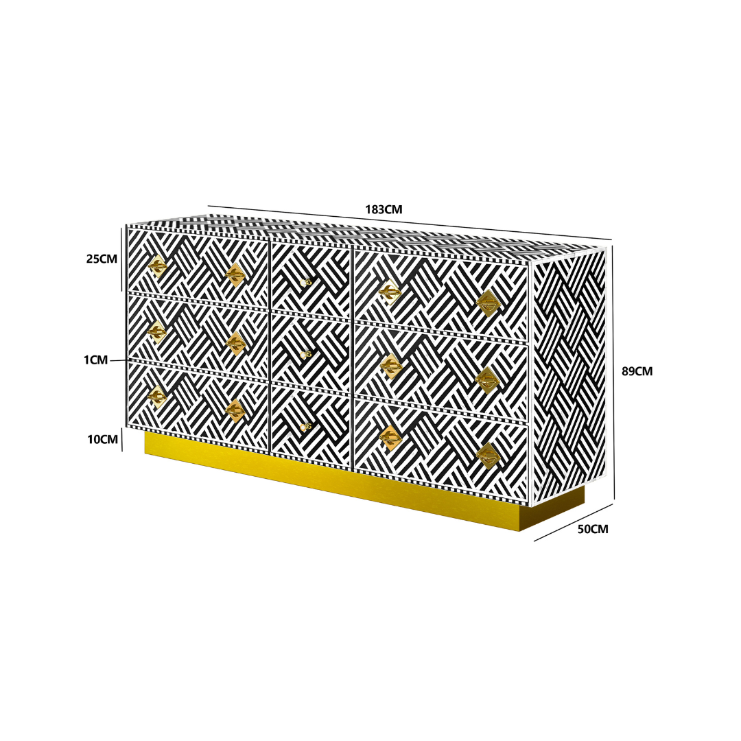 Luxury black and white bone inlay chest of drawers with brass accents and geometric design, handcrafted for statement interiors.