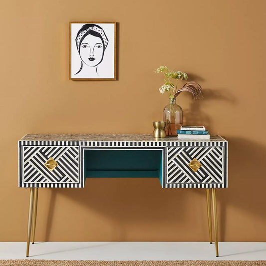 Shore console desk in black and white bone inlay by arkrn homes