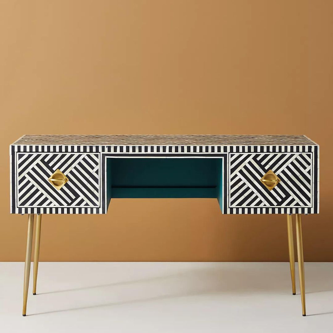 Shore console desk in black and white bone inlay by arkrn homes