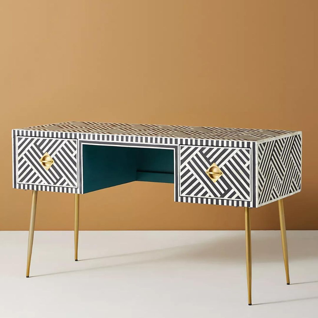 Shore console desk in black and white bone inlay by arkrn homes