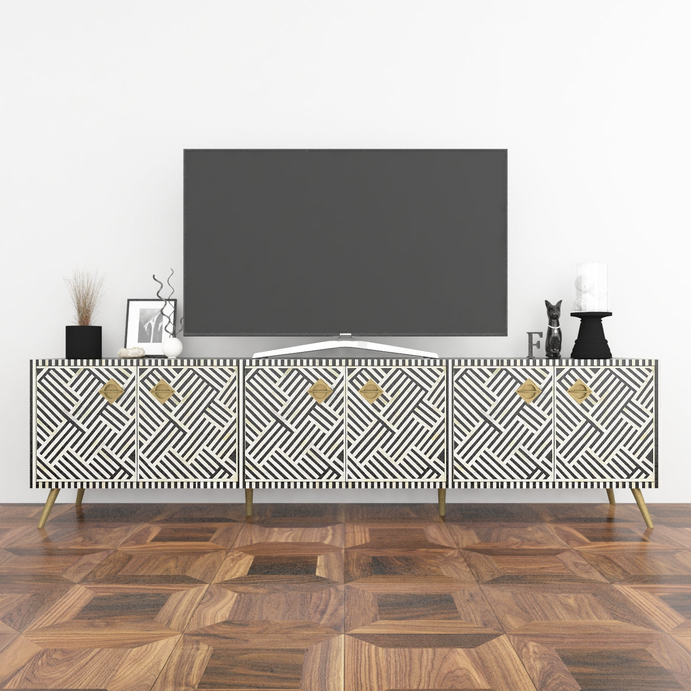 Shore tv unit in black and white bone inlay by Arkrn Homes