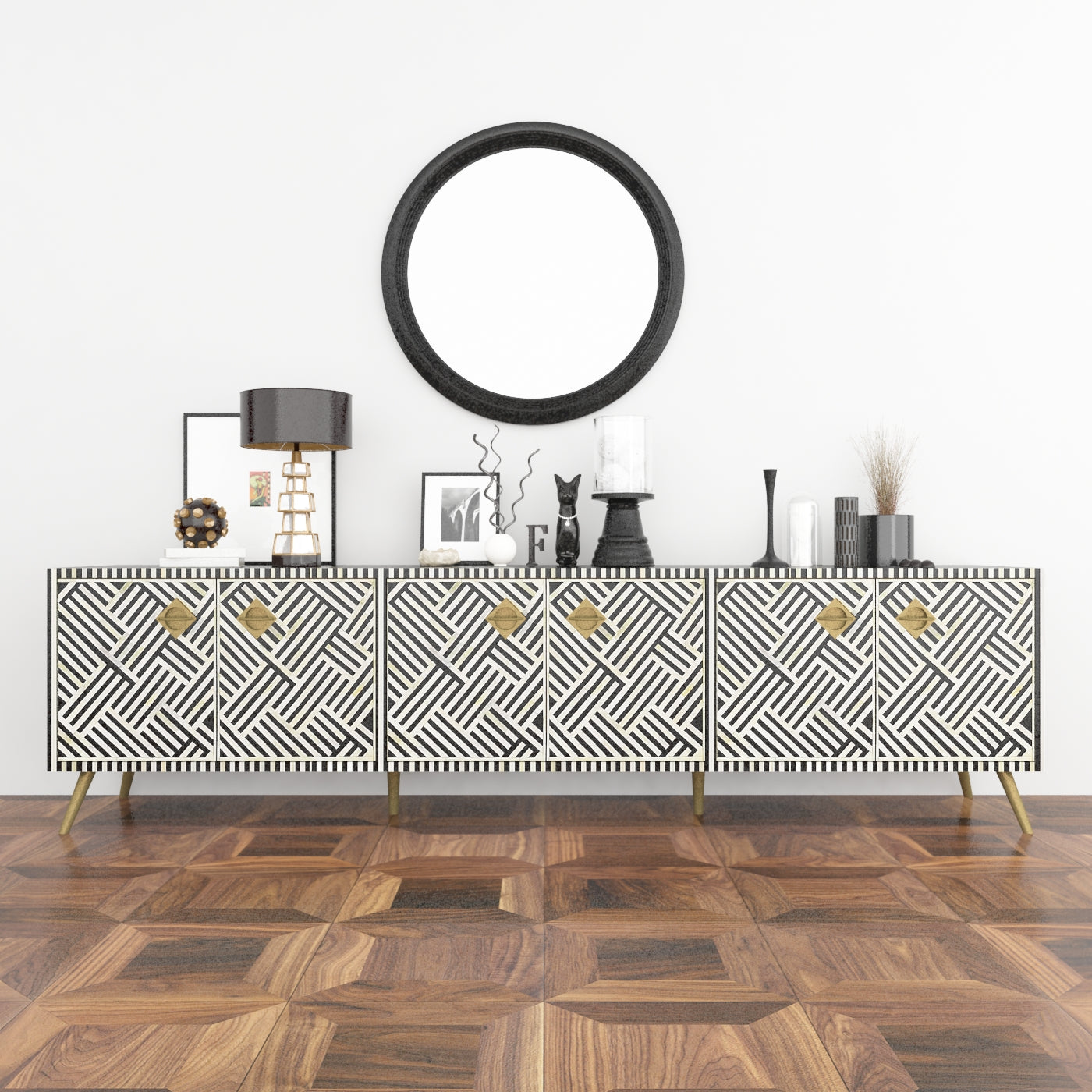 Shore tv unit in black and white bone inlay by Arkrn Homes