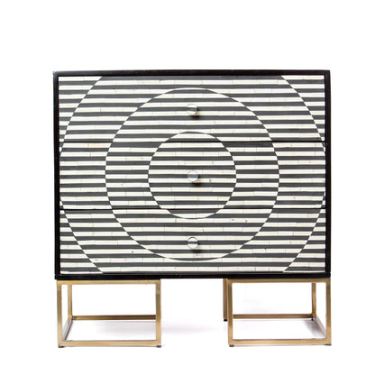 Black and white geometric bone inlay chest of drawers with gold base