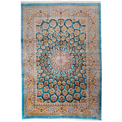 Spot silk rug in 350x250 cms featuring turquoise and mustard floral designs with a detailed medallion and golden border work.