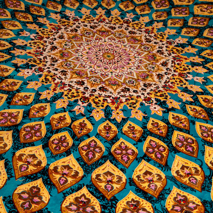 Spot silk rug in 350x250 cms featuring turquoise and mustard floral designs with a detailed medallion and golden border work.