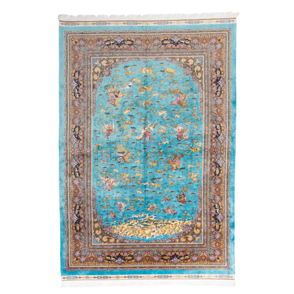 Vibrant handwoven silk rug with a turquoise base, animal motifs, hunting scenes, and floral detailing in gold and pink tones.